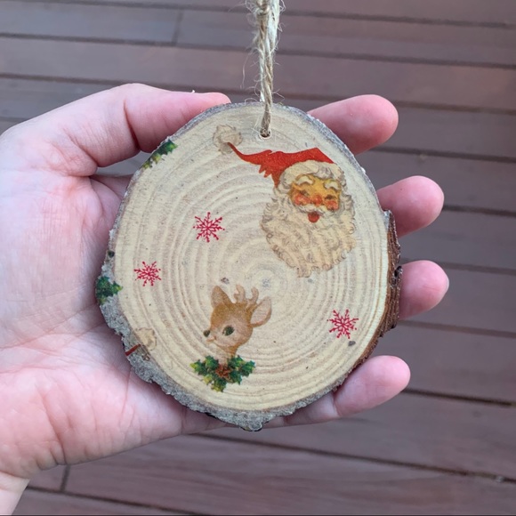 Rustic Wood Slice, Santa and Reindeer Ornament, Christmas Tree Decoration - Picture 3 of 4
